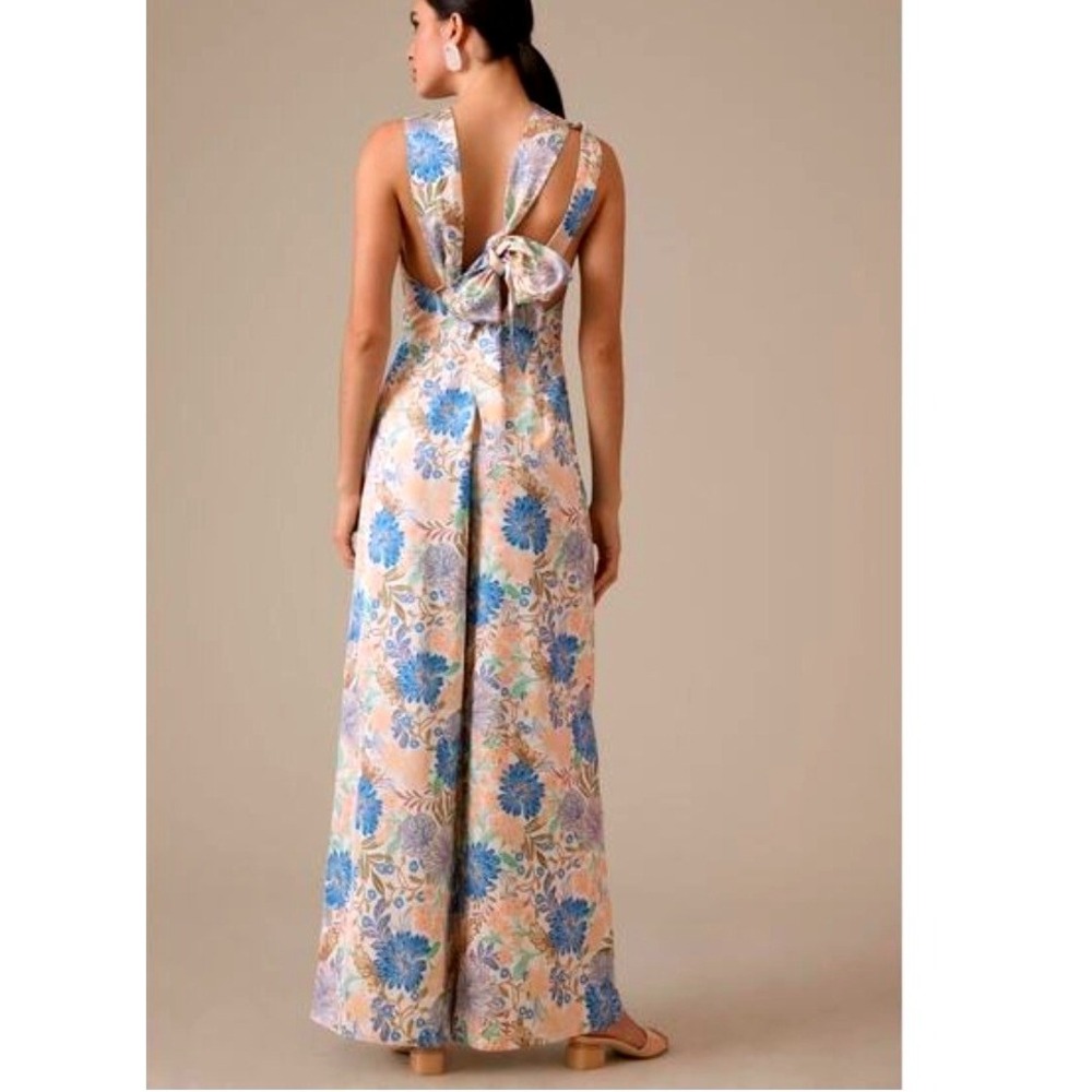 Significant Other Floral Wide‎ Leg Jumpsuit Blue Peach Bow Back US 12 AU 16
